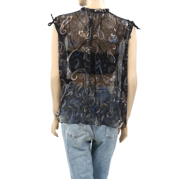 Zadig & Voltaire Thym Paisley Printed Blouse Top Ruffle Pintuck Sheer XS 267437 - Picture 5 of 8